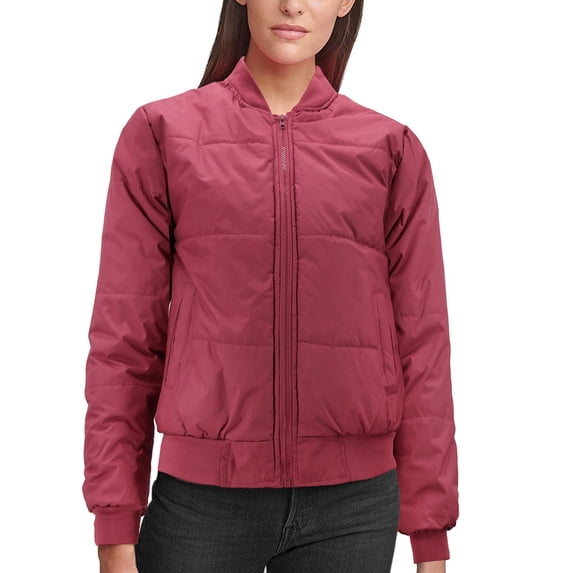 Women's Long Sleeve Full Zip Quilted Fleece Lined Puffer Bomber Jacket (Red, S)