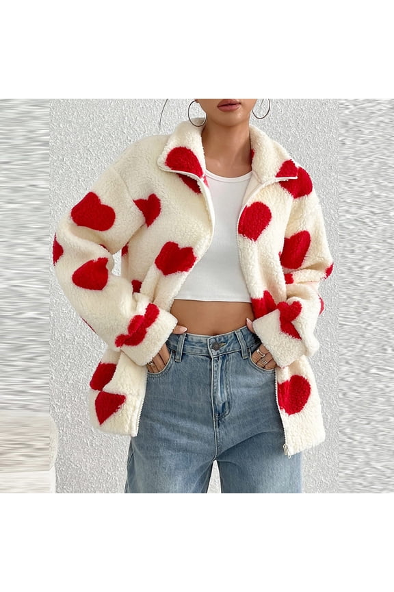 Women's Long Sleeve Full Zip Soft Warm Jacket with Cute Heart