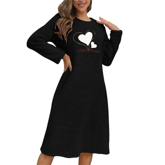 Women's Long Sleeve Fuzzy Nightgown Solid Color Winter Thickened Pullover Sleep Dress Soft Warm Loungewear Comfortable Daily Sleepwear Outfit Black M