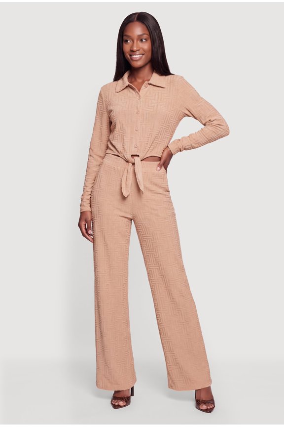 Women's Long Sleeve Geometric Patterned Knot Front Crop Top