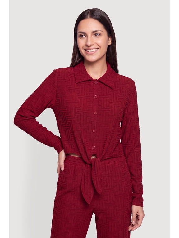 Women's Long Sleeve Geometric Patterned Knot Front Crop Top