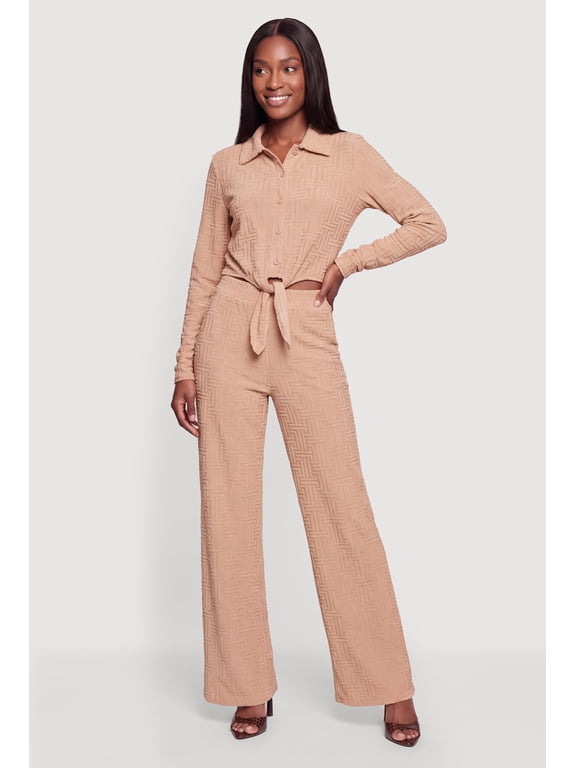 Women's Long Sleeve Geometric Patterned Knot Front Crop Top