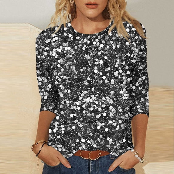 Women's Long Sleeve Glitter Tops Crewneck Pullover Sweater Basic Casual Solid Color Tunic Tops Dark Gray S