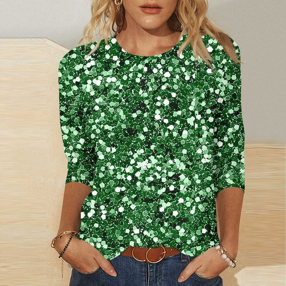 Women's Long Sleeve Glitter Tops Crewneck Pullover Sweater Basic Casual Solid Color Tunic Tops Green XXL