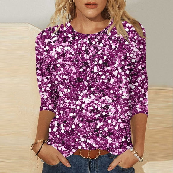 Women's Long Sleeve Glitter Tops Crewneck Pullover Sweater Basic Casual Solid Color Tunic Tops Purple L