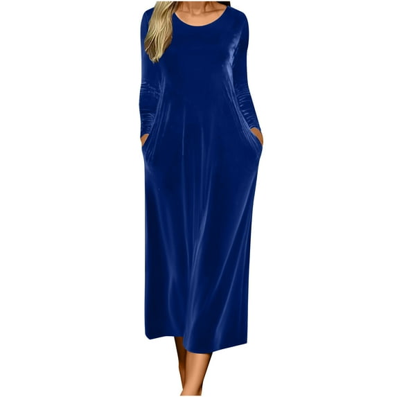 Women's Long Sleeve Gold Velvet Dress Solid Color Round Neck with Pockets Flowy Maxi Skirt Elegant Winter Fall Formal Casual Daily Party Outfit Blue M