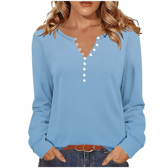 Women's Long Sleeve Gradient Henley Shirts Loose Button Up V Neck Pullover Tee Tops Dressy Business Casual Blouse