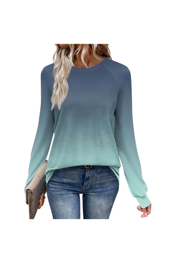 Women's Long Sleeve Gradient Tops Crew Neck Casual Ombre Shirt Fall Fashion Lightweight Blouse