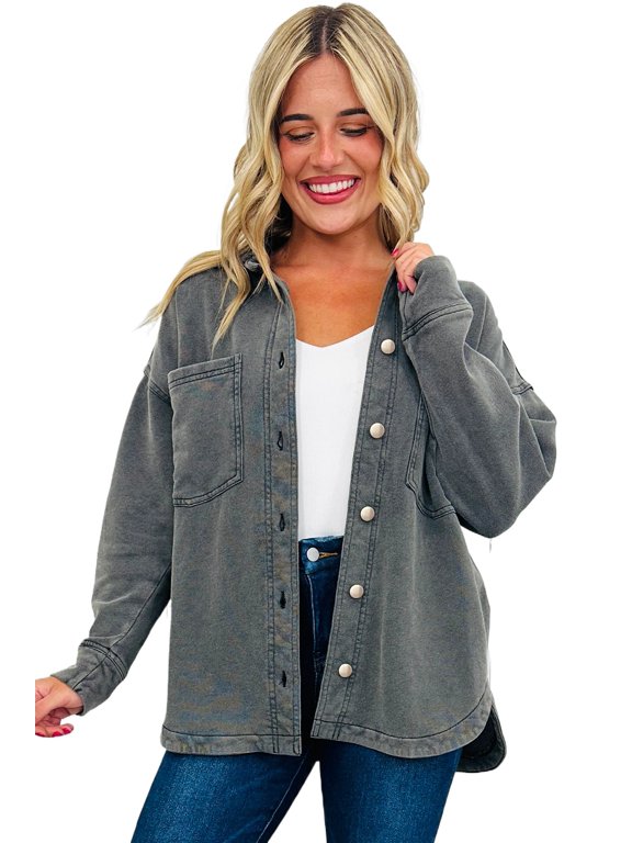 Women's Long Sleeve Grey Shacket with Pockets – Versatile Transitional Style | M