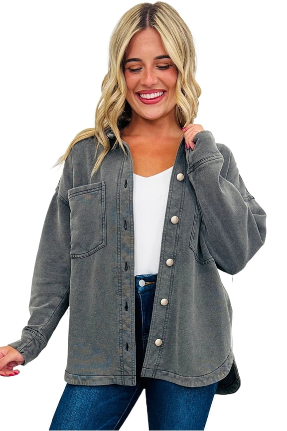 Women's Long Sleeve Grey Shacket with Pockets – Versatile Transitional Style | M