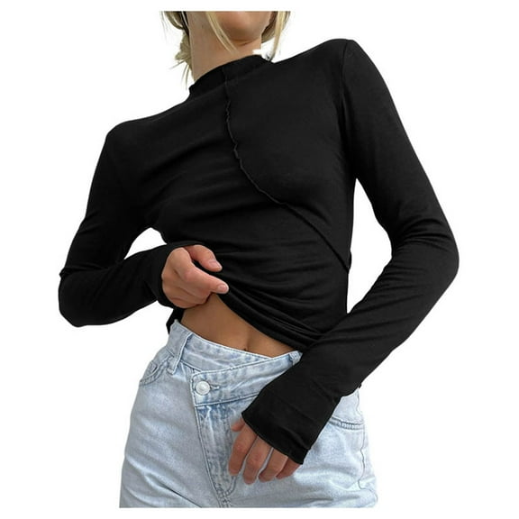 Women's Long Sleeve Half Turtleneck Top Reverse Car Design Dividing Line Casual Comfortable Fashion T-Shirt