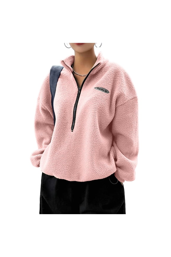 Women's Long Sleeve Half Zip Pullover, Fleece Thermal Sweatshirt with Drawstring Pink M