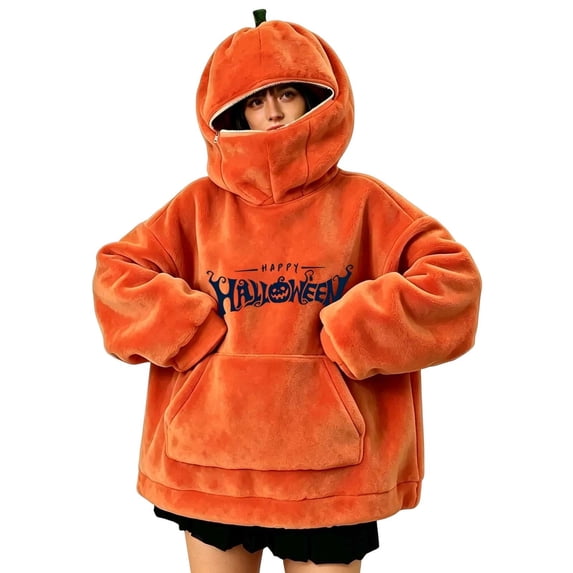 Women's Long Sleeve Halloween Hoodie Pumpkin Shaped Hood Plush Fleece Pullover Oversized Casual Winter Party Tops