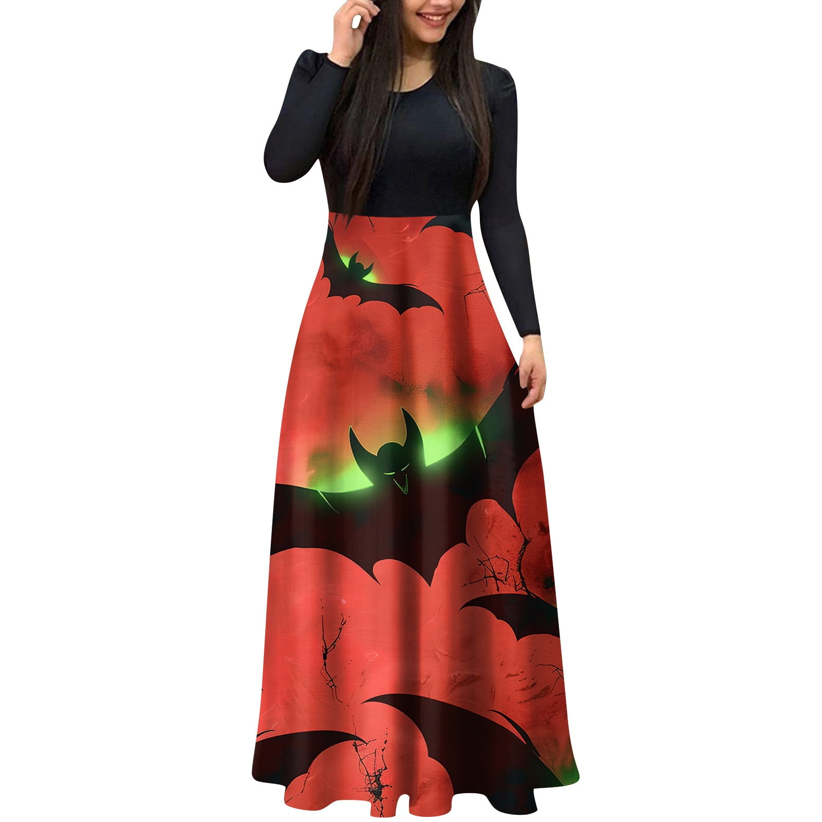 Women s Long Sleeve Halloween Maxi Dress Vintage Bat Print A Line Party Dress Walmart