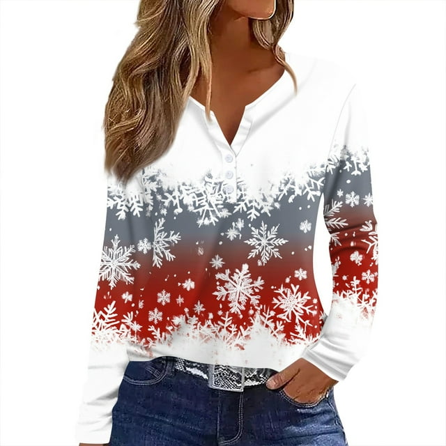 Women's Long Sleeve Henley Shirts Christmas Tree Xmas Snowflake Print