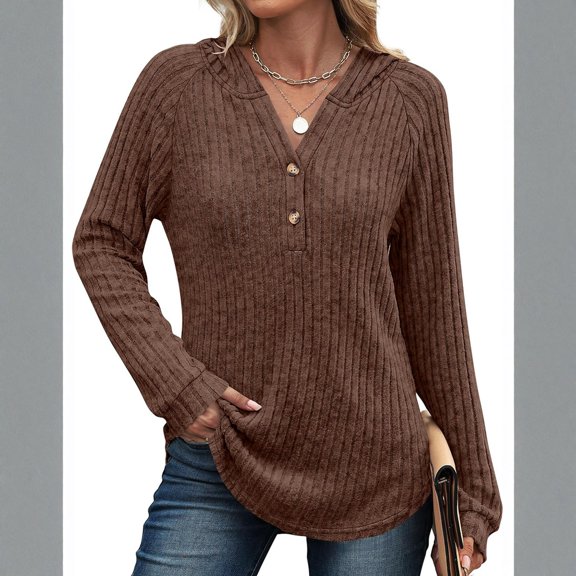 Women's Long Sleeve Henley Shirts Fall Lightweight Sweaters Casual Tunic Tops Fashion Clothes Brown S