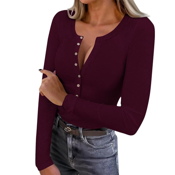Women's Long Sleeve Henley Shirts Ribbed Knit Trendy Graphic Casual Tops Slim Fit Stretchy Button Up Pullover Blouse (S, Wine)