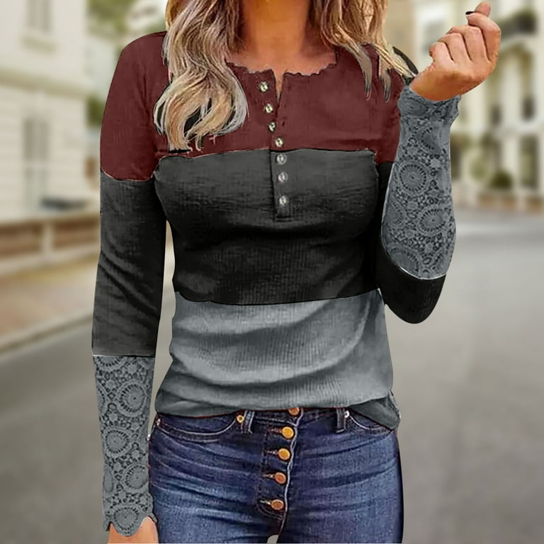 Women's Long Sleeve Henley T Shirts 2022 Color Block Button Down V
