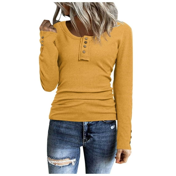 Women's Long Sleeve Henley T-Shirts 2025 Fall Button Down Scoop Neck Ribbed Knit Tops Casual Basic Slim Fitted Outfits Clothes