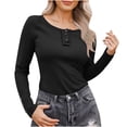 thumbnail image 1 of Women’s Long Sleeve Henley T Shirts Button Down Slim Fit Tops Round Neck Ribbed Knit Shirts Fall Basic Tee Shirt Black S, 1 of 7