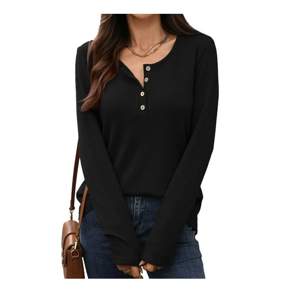 Women’s Long-Sleeve Henley Top Soft Knit Button Pullover Casual Loose Fit Neck Lightweight Tunic Blouse Basic Tees Fall Sweaters
