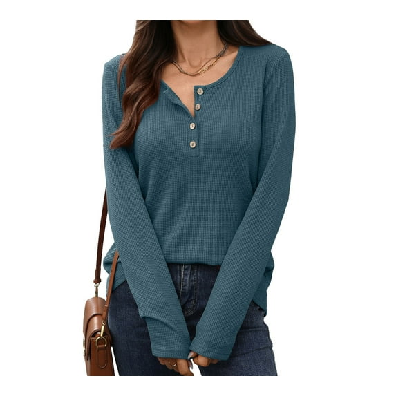 Women’s Long-Sleeve Henley Top Soft Knit Button Pullover Casual Loose Fit Neck Lightweight Tunic Blouse Basic Tees Fall Sweaters