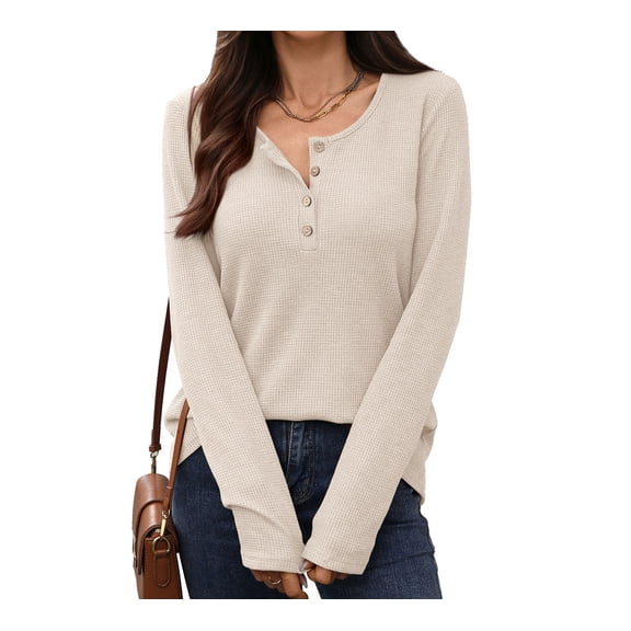 Women’s Long-Sleeve Henley Top Soft Knit Button Pullover Casual Loose Fit Neck Lightweight Tunic Blouse Basic Tees Fall Sweaters