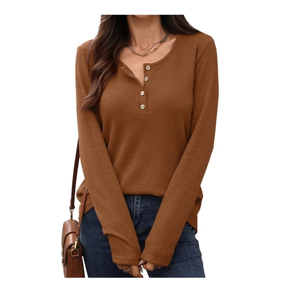 Women’s Long-Sleeve Henley Top Soft Knit Button Pullover Casual Loose Fit Neck Lightweight Tunic Blouse Basic Tees Fall Sweaters