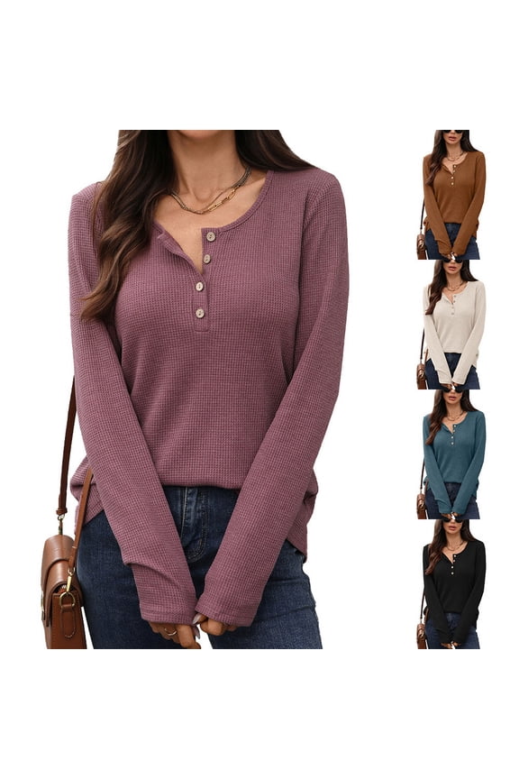 Women’s Long-Sleeve Henley Top Soft Knit Button Pullover Casual Loose Fit Neck Lightweight Tunic Blouse Basic Tees Fall Sweaters