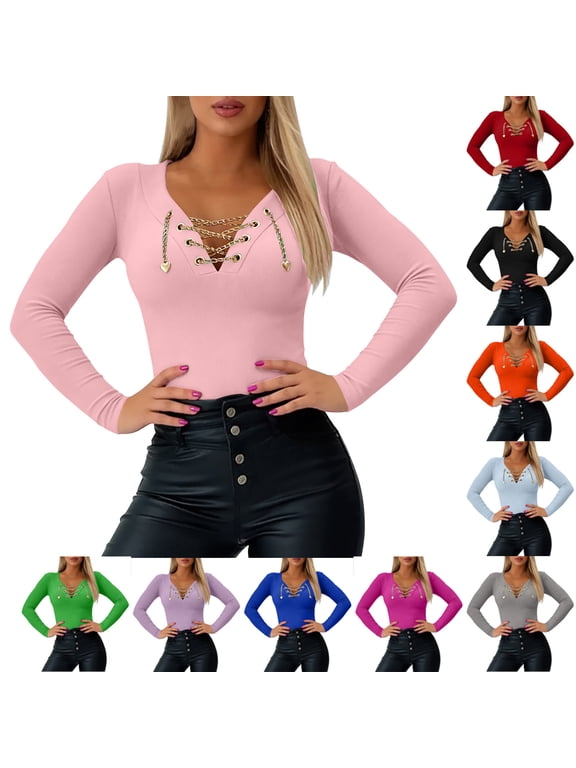 Women's Long Sleeve Henley Tops Chain Criss Cross Lace Up V Neck Slim Fitted Trendy T Shirt Basic Tee Going Out Tops Black XXL
