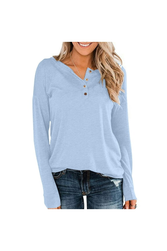 Women's Long Sleeve Henley Tops Pullover Shirt with Buttons Down Casual Loose Fit V-Neck Tunics Blouse