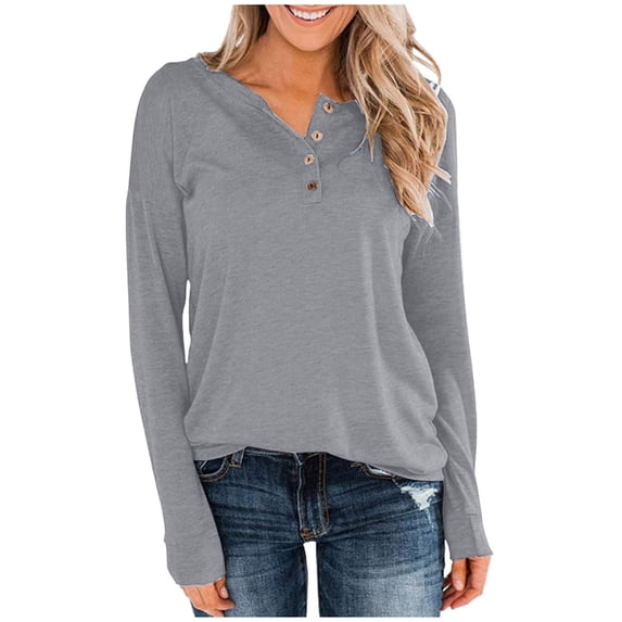 Women's Long Sleeve Henley Tops Pullover Shirt with Buttons Down Casual Loose Fit V-Neck Tunics Blouse