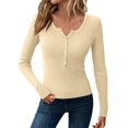 thumbnail image 1 of Women's Long Sleeve Henley Tops Ribbed Knit Slim Fitted Trendy T Shirt Basic Tees Layer 2025 Fall Fashion Outfits Beige L, 1 of 5