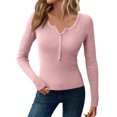 thumbnail image 1 of Women's Long Sleeve Henley Tops Ribbed Knit Slim Fitted Trendy T Shirt Basic Tees Layer 2025 Fall Fashion Outfits Pink XL, 1 of 5