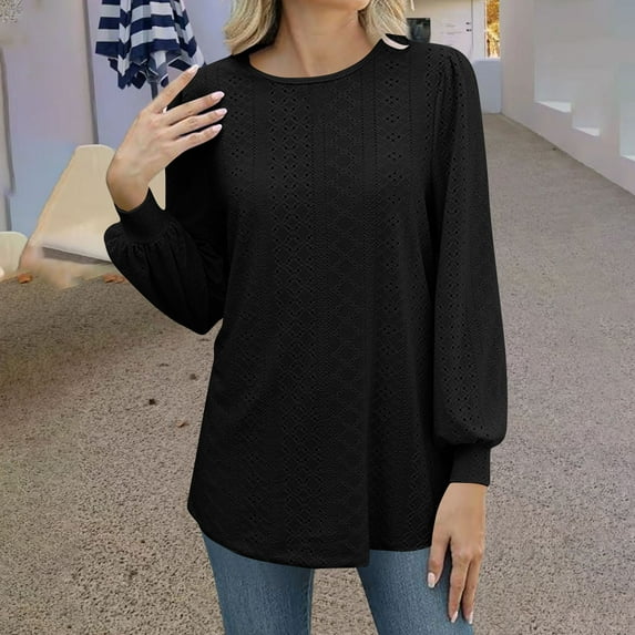 Women's Long Sleeve Hollow Out Blouse, Round Neck Casual Top, Soft Polyester Fabric, All Season Versatile Wear for Daily and Street Fashion