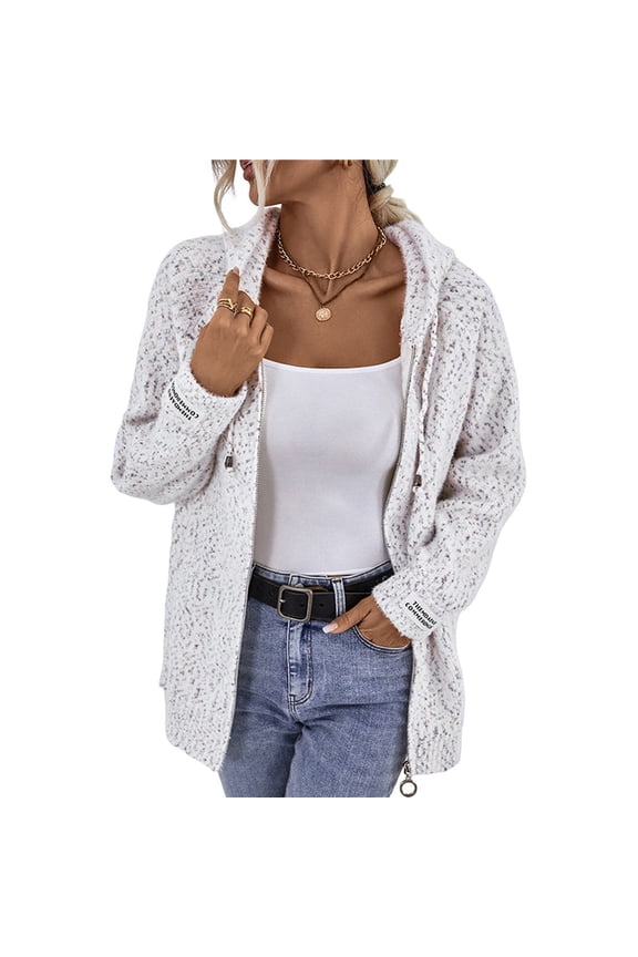 Women's Long Sleeve Hooded Drawstring Sweater with Zipper Autumn and Winter Cardigan Jacket Cream White M