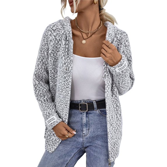 Women's Long Sleeve Hooded Drawstring Sweater with Zipper Autumn and Winter Cardigan Jacket Gray M