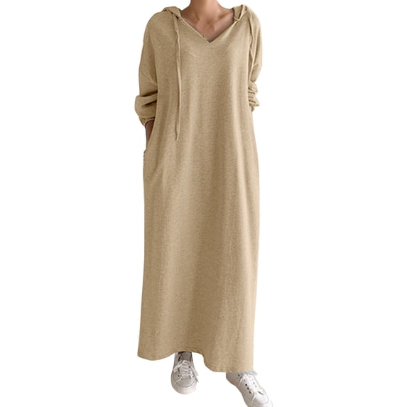 Women's Long Sleeve Hooded Dress - Drawstring, V Neck, Loose Fit - Spring Autumn Casual Wear
