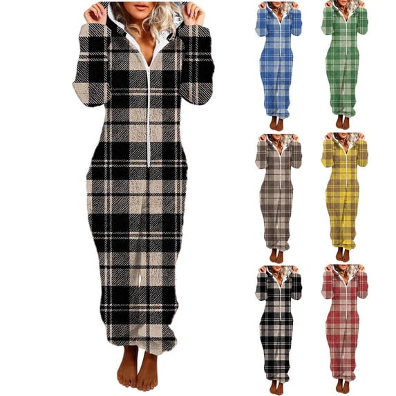 Women's Long Sleeve Hooded Jumpsuit Pajamas Sleepwear Romper, Winter Warm Fleece Loungewear Set with Print, Casual Comfy Homewear Sleepwear Outfit for Women | CSEONE,Blue XL