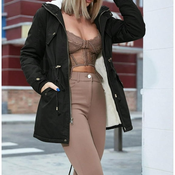 Women's Long Sleeve Hooded Parka Coat with Drawstring Waist Slant Pockets Teddy Lined