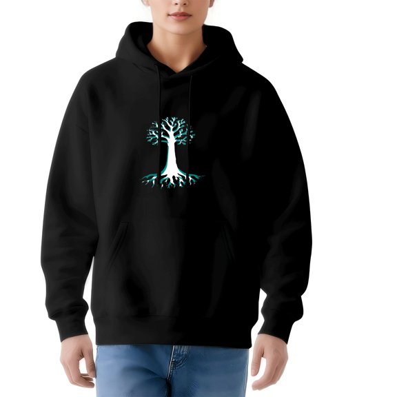 Women's Long Sleeve Hooded Pullover Sweatshirt - Black with White Tree Design and Blue Roots Relaxed Fit Front Pocket