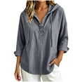 thumbnail image 1 of Women's Long Sleeve Hooded Shirt Tunic Tops Textured Drawstring Hood Half Button Placket Loose Daily Shirts Gray S, 1 of 5