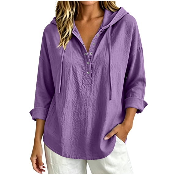Women's Long Sleeve Hooded Shirt Tunic Tops Textured Drawstring Hood Half Button Placket Loose Daily Shirts Purple S