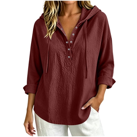 Women's Long Sleeve Hooded Shirt Tunic Tops Textured Drawstring Hood Half Button Placket Loose Daily Shirts Red L