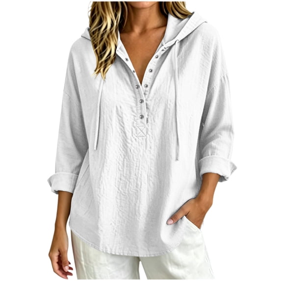 Women's Long Sleeve Hooded Shirt Tunic Tops Textured Drawstring Hood Half Button Placket Loose Daily Shirts White L