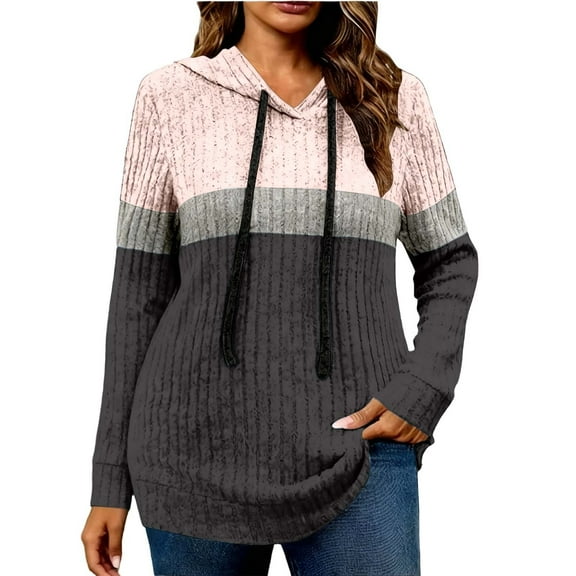 Women's Long Sleeve Hooded Sweatshirt 2025 Fall Color Block Lightweight Hoodies Loose Fit Basic Pullover Tops