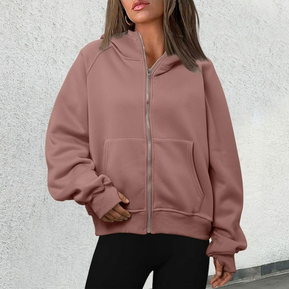 Women's Long Sleeve Hooded Sweatshirts Solid Color Full Zip Up Jackets Crew Neck Fall Casual Comfy Y2K Tops Winter Hoodies 2025
