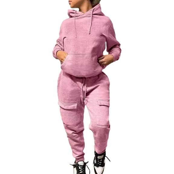 Women's Long Sleeve Hooded Tracksuit Set Solid Color Sportswear Two Piece Outfit Autumn Warm Sweatshirt and Pants Suit