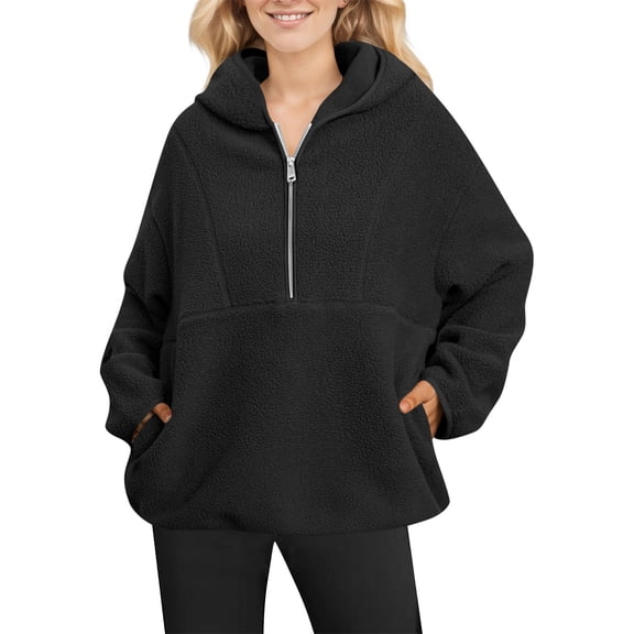 Women’s Long Sleeve Hoodie, Casual Fleece Pullover Sweatshirt with Pocket and Half Zipper, Comfortable Warm Top for Autumn Winter Everyday Wear Black