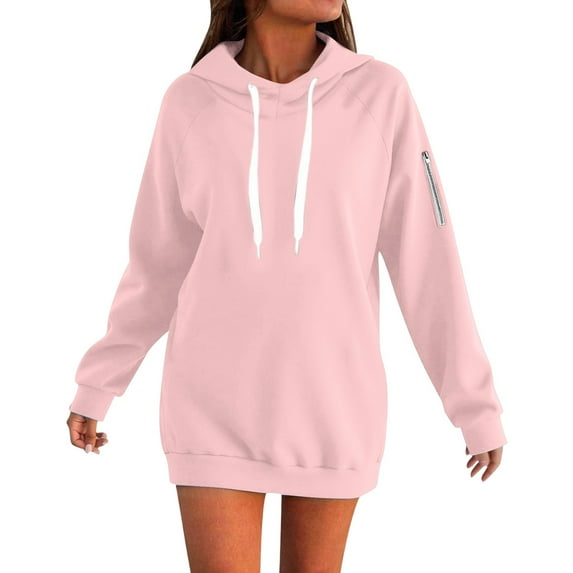 Women’s Long Sleeve Hoodie Dress, Oversized Solid Color Pullover Sweatshirt with Drawstring Hood, Loose Fit Fashion Top Light pink